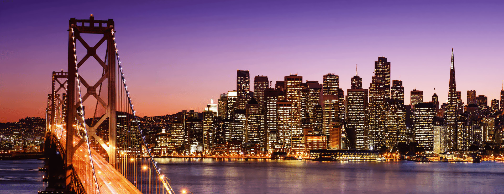 Views of San Francisco: the Bay Bridge and skyline at dusk, the Transamerica Pyramid with the Golden Gate Bridge in fog, and cable cars on California Street